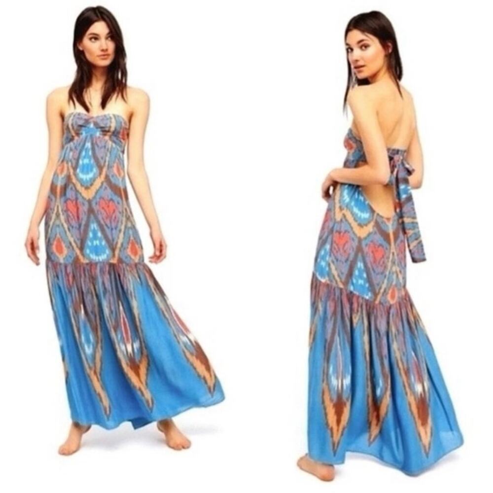 Free People Ikat Open Back Strapless Maxi Dress Boho Festival Large Blue Coastal - Picture 8 of 8